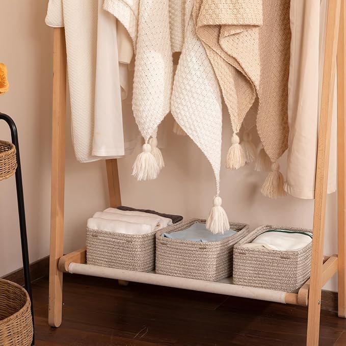 3 Pack Small Storage Baskets for Organizing, Cute Woven Decorative Gift Baskets for Shelves, Mini Closet Organizer Bins with Handles, 11.81''Lx7.87''Wx4.72''H-Brown-Ruum Studio Home