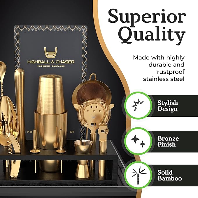 Highball & Chaser Bartender Kit with Black Bamboo Stand Beautiful Cocktail Shaker Set and Bar Tools Stainless Steel Boston Shaker Bartender Kit with Stand (Antique Gold)-Ruum Studio Home