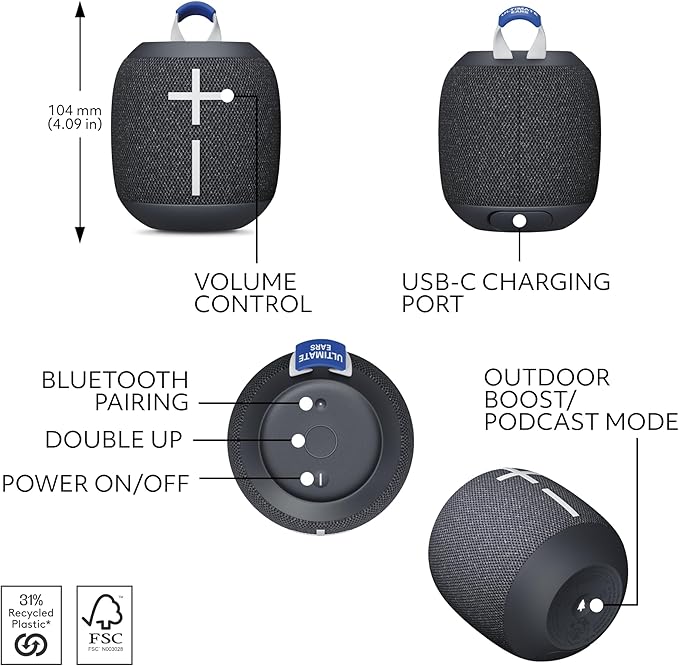 Ultimate Ears WONDERBOOM 4 Waterproof Bluetooth Outdoor Speakers with Big Bass & 360-Degree Sound, Dustproof Floating Wireless Speaker, 131ft Range - Black-Ruum Studio Home