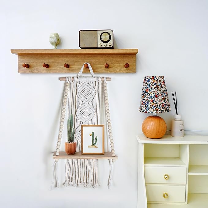 Wooden Macrame Wall Hanging w/Shelf & Sturdy Beaded Rope - Handmade Modern Living Room Decor - Macrame Wall Decor to Securely Hold Plants & More - Beautiful Boho Decorations for Interior Design-Ruum Studio Home