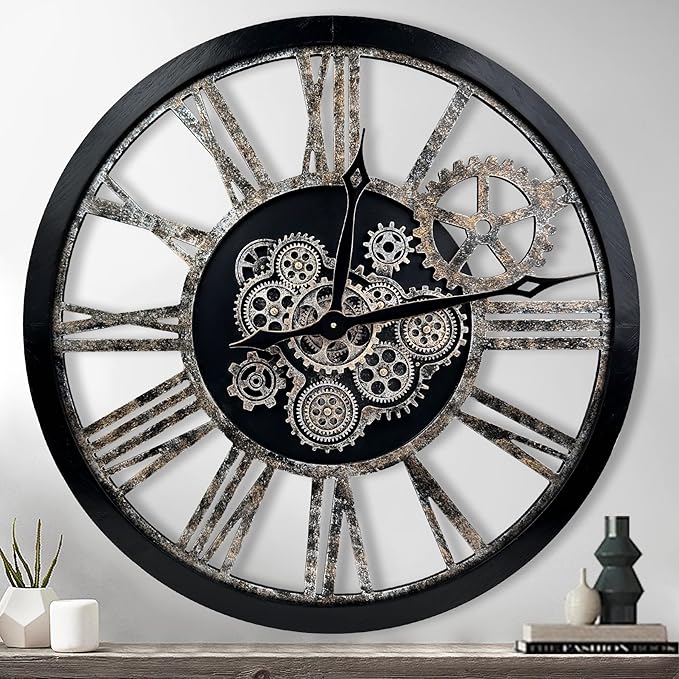 The B-Style Large Real Moving Gears Wall Clock 30 inch Rustic Retro Industrial Farmhouse Wood Clock Oversized Decorative Vintage Wall Clocks for Living Room (Black)-Ruum Studio Home