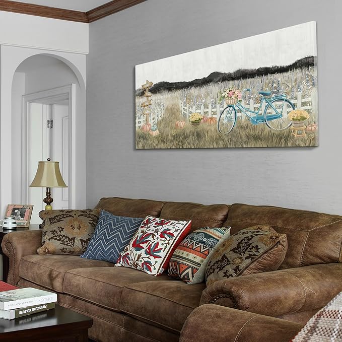 Large Wall Art for Living Room Farmhouse Wall Decor, Modern Boho Vintage Organnic Country Rustic Cottagecore Neutral Landscape Artwork with Mountains Bicycle Flower, Floral Picture Bedroom Kitchen-Ruum Studio Home