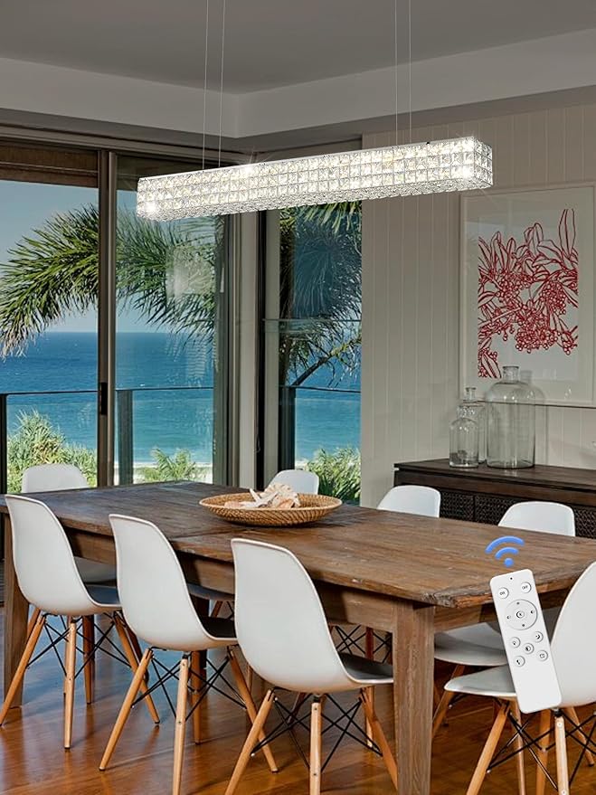 Modern Crystal Chandelier Silver Rectangular Crystal Chandelier Contemporary Linear Pendant Ceiling Light Fixture for Living Dining Room Kitchen Island (L 40")-Ruum Studio Home