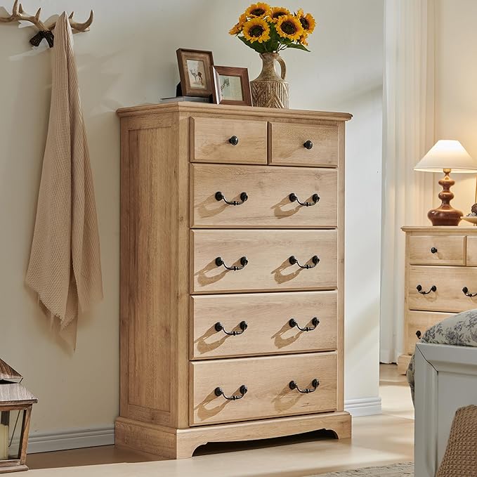 T4TREAM 6 Drawers Dresser Chests for Bedroom, 48" Tall Rustic Chset of Drawers, Wood Dressers Organizer for Bedroom, Living Room,Hallway, Natural Oak-Ruum Studio Home