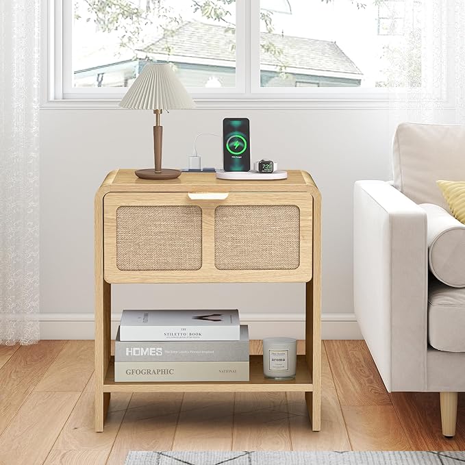 LEVNARY Nightstand with Charging Station, Mid-Century Modern Bedside Table with Curved Top Corners and Fabric-Like Textured Drawer, Wooden End Table for Farmhouse Bedroom Living Room (1, Natural)-Ruum Studio Home