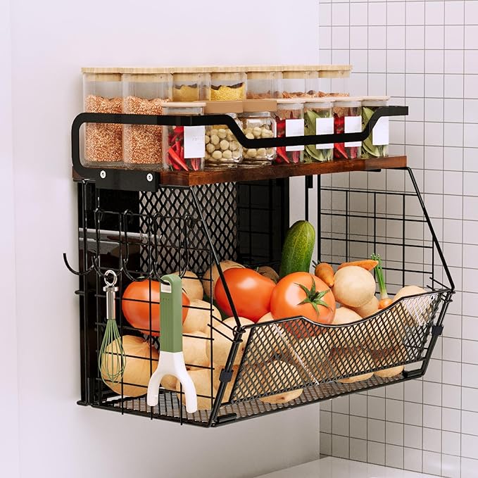 Magnetic Shelf for Fridge with Wood Lid, Magnetic Spice Rack for Refrigerator Large Capacity Sturdy with 4 Hooks,Magnetic Basket for Kitchen Pantry Laundry (1 Set with Buckles)-Ruum Studio Home