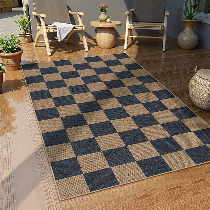 Lahome Checkered Easy Jute Indoor Outdoor Carpet, 3x5 Washable Rugs for Entryway Living Room Farmhouse Area Rug, Non Slip Blue Checkerboard Indoor Door Mat for Entry Patio Deck-Ruum Studio Home