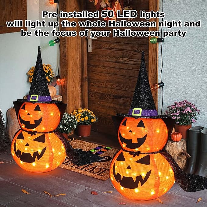 3FT Halloween Collapsible Pumpkin Decoration, 50 LED Pop-Up Pumpkin Lamp with Star Cap, Plug in Halloween Jack-O-Lantern with Metal Stand for Indoor Outdoor Garden Patio Party Decor-Ruum Studio Home