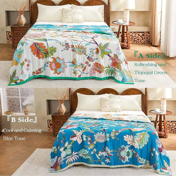 Summer Throw Blanket, 80"x90" Reversible Bohemian Flower Blanket, 100% Cotton Muslin Breathable Woven, Farmhouse Decorative Throw Blanket-Ruum Studio Home