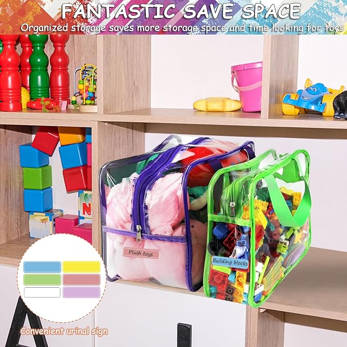 6 Colors Large Toy Storage Bags with Labels, Reusable Clear PVC Board Game Storage, Travel Waterproof Organizer Bags with Zipper for Building Blocks, Puzzle, Kids Books(3 large & 3 Widen X-Large)-Ruum Studio Home