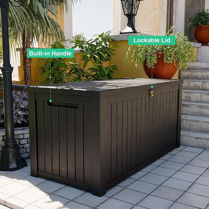 180 Gallon Outdoor Deck Box,Storage Lockable Waterproof Patio Furniture,Garden Tools,Cushions,Pool Accessories Outside Storage Resin Box(Black)-Ruum Studio Home