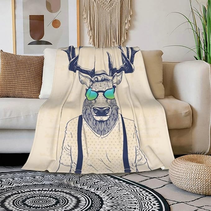 HGOD DESIGNS Deer Throw Blanket Deer Dressed up Like Cool Hipster Blanket Super Soft Flannel Throw Blanket Lightweight Plush Fuzzy Bed Blanket for Bedding Sofa and Travel 50"X60"-Ruum Studio Home
