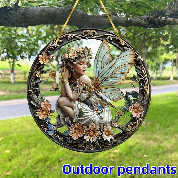 Flower Fairy Garden Decorations Angel Wing Christmas Halloween Deco Statue Art Elf Sculpture Hanging Craft for Outdoor Yard Courtyard Lawn Patio Window Acrylic Ornament Home Gift (A,S: 6*6 IN)-Ruum Studio Home