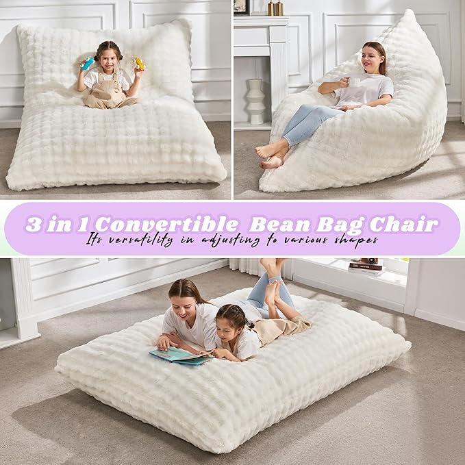 Hobestluk 3 in 1 Bean Bag Chair Giant Bean Bag Chairs for Adults with Bubble Cover Convertible Bean Bag Floor Cushion with Machine Washable Cover for Living Room (Bubble White)-Ruum Studio Home