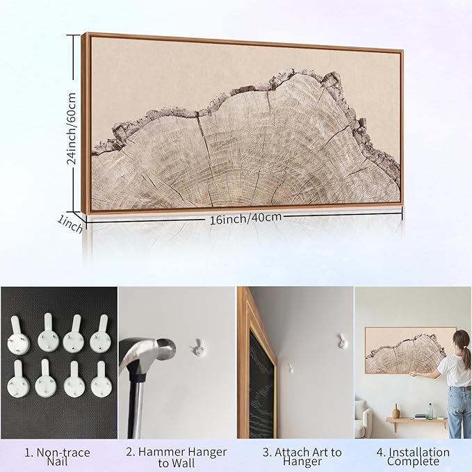 SIGNINART Large Tree Ring Framed Canvas Wall Art, Rustic Beige Wooden Wall Decor, Neutral Nature Wood Stump Artwork, Modern Art Prints for Bedroom Living Room Office 20"x40"-Ruum Studio Home