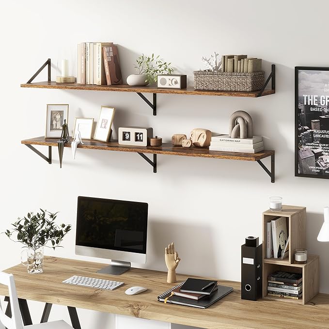 Floating Shelves 55 Inch Long, 10" Deep Floating Shelves, Wall Shelves 55 x 10, Set of 2, Wide Large Display Storage Shelves for Bathroom, Living Room, Rustic Wood Shelves with Brackets, Rustic Brown-Ruum Studio Home