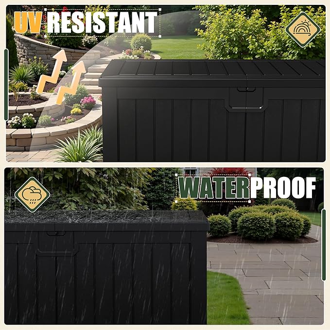 JUMMICO 250 Gallon Outdoor Resin Deck Box with Divider, Waterproof Storage Box with Lockable Lid&Side Handles for Garden Tools, Pools Supplies (Black)-Ruum Studio Home