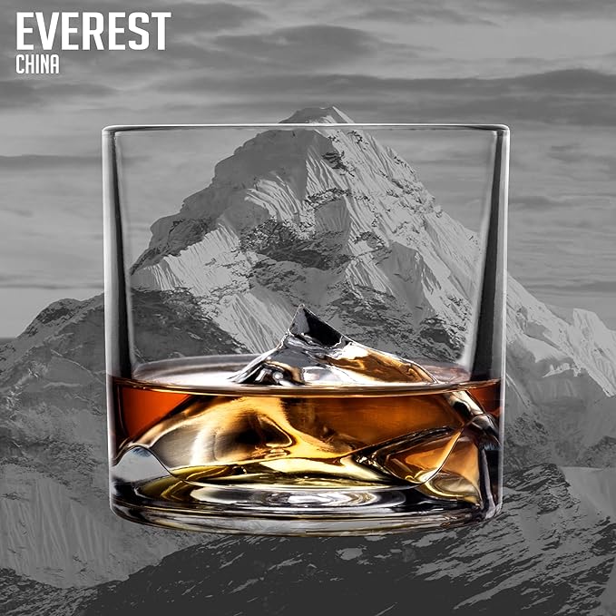 Mount Everest Heavy Crystal Whiskey Glasses Gift Set of 2, Thick Freezable Bourbon Glass 1lb Each, Premium Whiskey Gifts for Men, Frozen Crystal Chills Cocktails, 10 oz-Ruum Studio Home