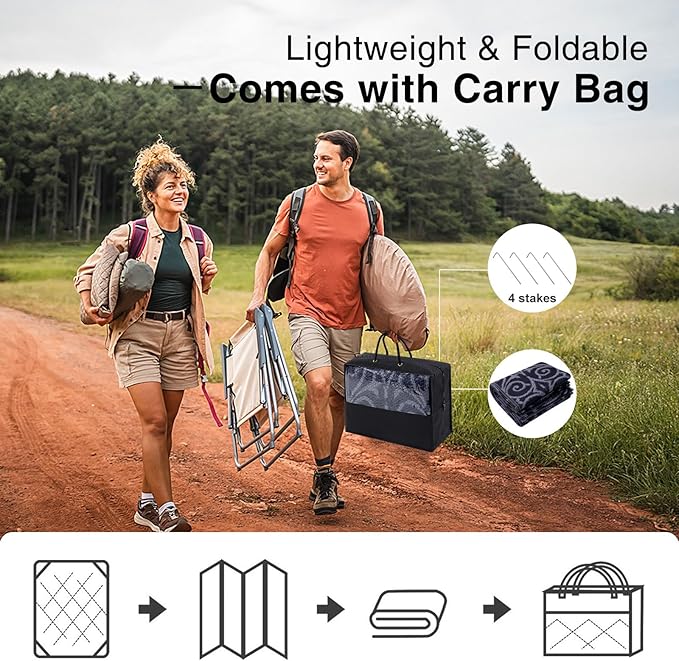 OLANLY Outdoor Rug Waterproof 9x12 ft Clearance, Reversible Outdoor Plastic Straw Rug with Floral Pattern, RV Mat for Patio, Camping, Balcony, Deck, Backyard, Black & Grey-Ruum Studio Home