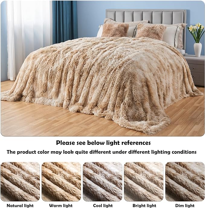 GONAAP Fuzzy Faux Fur Throw Blanket Queen Size Tie-dye Beige Super Soft Cozy Plush Fuzzy Shaggy Blanket for Couch Sofa Bed (Tie-dye Beige, Queen(90"x90"))-Ruum Studio Home