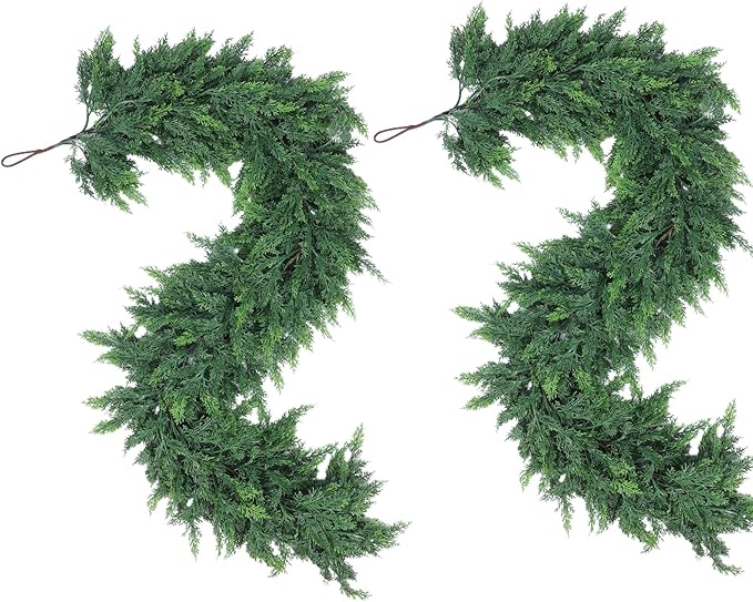 Hananona 6 FT 2 Pcs Artificial Cedar Garlands, Real Touch Winter Cedar Garland, Green Artificial Greenery Pine Garland for Table, Mantle, Wall, Indoor, Outdoor Christmas Decorations (2, 6 FT)-Ruum Studio Home