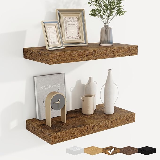 fuqing Floating Shelves for Wall, Bathroom Shelf Wall Mounted for Storage, Shelves with Invisible Bracket for Bedroom, Kitchen, Living Room, Farmhouse Small Book Shelf, 16 Inch Set of 2, Rustic Brown-Ruum Studio Home