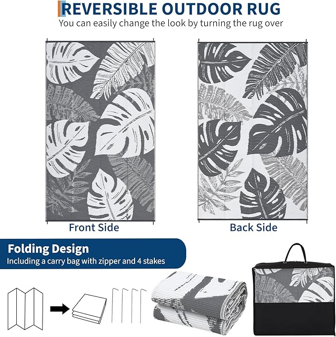 GAOMON Waterproof Outdoor Rug 8x10 Reversible Outdoor Plastic Straw Rug Modern Patio Carpet, Foldable Lightweight RV Camping Mat with Portable Bag & 4 Stakes, UV Resistant & Sturdy for Picnic, Grey-Ruum Studio Home