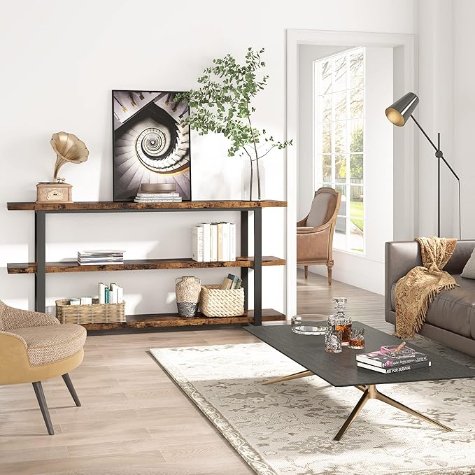 70.8 Inch Extra Long Console Table for Entryway, Narrow Hallway Table, Wood Sofa Table with 3 Tier Storage Shelves for Living Room-Ruum Studio Home