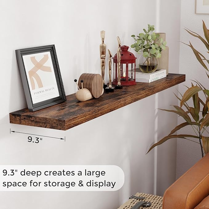 55 Inch Floating Shelves Set of 2, Rustic 55 x 9 Floating Shelf for Wall, 9 Inch Deep Wall Shelves Invisible Bracket, Large Deep Shelving for Bedroom, Kicten, Living Room, Rustic Brown Color-Ruum Studio Home