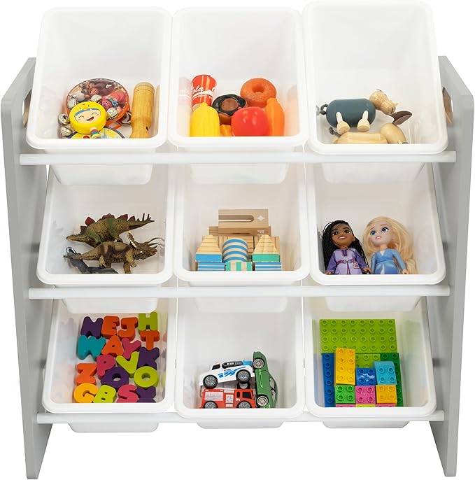 Humble Crew 9-Bin Toy Organizer – Inspire Grey with White Plastic Bins, 3-Tier Storage Solution for Kids' Playrooms and Nurseries-Ruum Studio Home