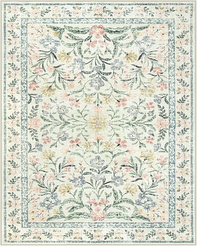 Wonnitar Large Washable 8x10 Rug, Boho Living Room Rug 8 x 10, Soft Floral Carpet for Bedroom Non Slip, Indoor Soft Beige Carpets for Dining Room Apartment Office-Ruum Studio Home