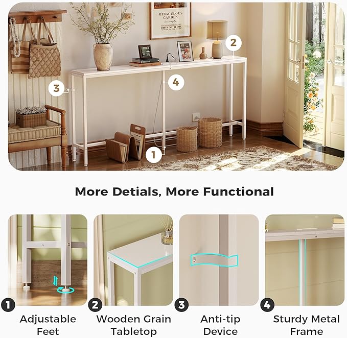 SUPERJARE 70 Inch Console Table with Outlet, Sofa Table with Charging Station, Narrow Entryway Table, Skinny Hallway Table, Behind Couch Table, for Living Room, White-Ruum Studio Home