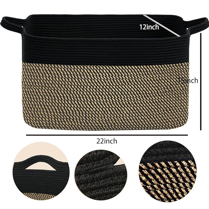 COMFY-HOMI Large Rectangular Blanket, Cotton Rope Woven for Storage, LaundryHamper, Storage,Toy Organizing Bin with Handle, Organizer and Storage-22x15x12-Black/Jute-Ruum Studio Home