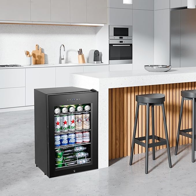 Beverage Refrigerator Cooler, 17 Inch 120 Cans Freestanding Mini Fridge with Glass Door, Adjustable Shelves and LED Light, Small Drink Fridge Counter-top Beer Fridge for Bedroom Office Bar-Ruum Studio Home