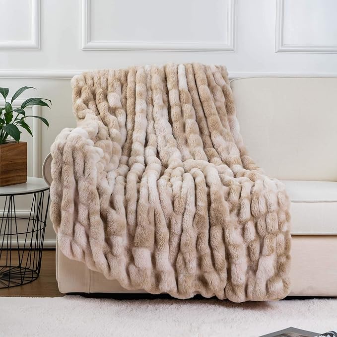 BATTILO HOME Ruched Luxurious Soft Beige Faux Fur Throw Blanket Fuzzy Plush Elegant with Reversible Mink Blanket for Sofa,Chair, Couch, Living Room, Home Decorative Blanket Tie dye (Beige, 50"x60")-Ruum Studio Home