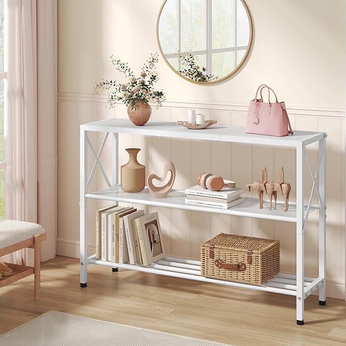 Hoctieon White Industrial Console Table, 3 Tier Entryway Tables, Hallway Desk, Narrow Sofa Tables with Shelves, Entrance Table for Entryway, Living Room, Foyer, Hallway, Office, White-Ruum Studio Home