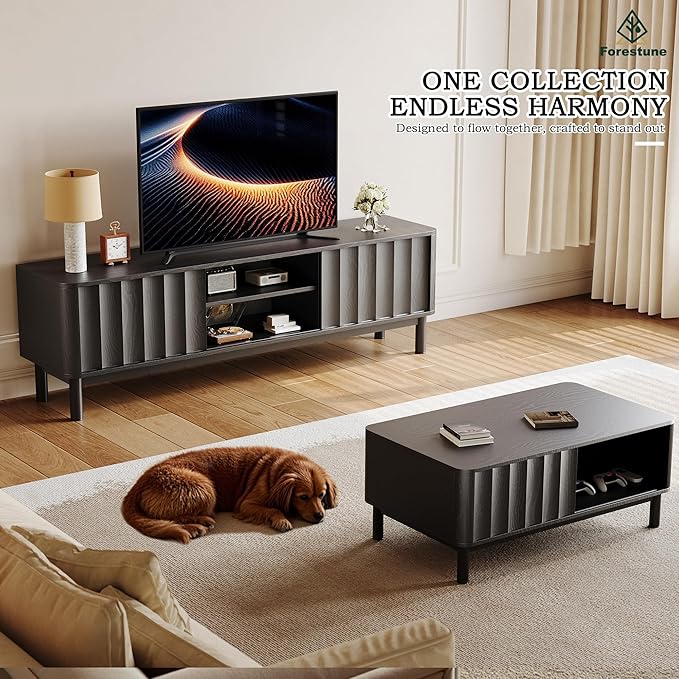 Black Mid Century Modern TV Stand, Wood Fluted Living Room TV Stands with Storage Sliding Doors, Desert-Inspired Design MCM Entertainment Center for 55 60 65 70 75 55+ 60+ 65+ 70+ Inch-Ruum Studio Home