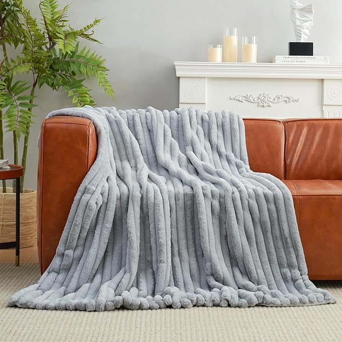 Amélie Home Faux Fur Throw Blanket for Couch, Cozy Fuzzy Fluffy Fur Luxurious Soft Striped Plush Gift Blankets for Family Sofa Chair Bed Living Room Bedroom, 55"x70", Light Grey-Ruum Studio Home