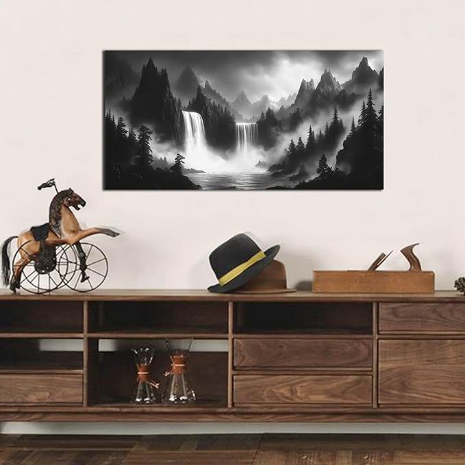 Mountain Wall Pictures for Living Room Decor - Black and White Wall Art Bedroom - Waterfall Canvas Wall Art for Office Size 20" x 40"-Ruum Studio Home