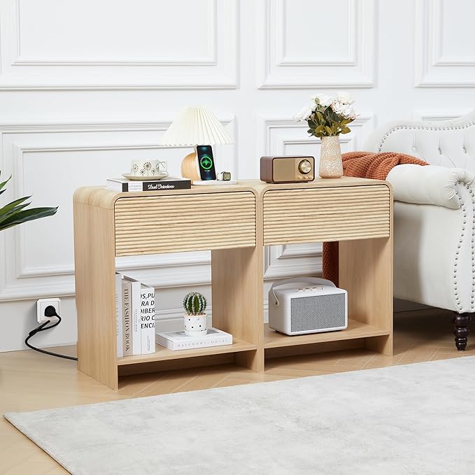 Fluted Nightstand Set of 2 with Charging Station, Modern Bed Side Table End Table with Drawer Storage, Large Wooden Night Stands Bedside for Bedroom Living Room Sofa Office, Natural 2 Sets-Ruum Studio Home
