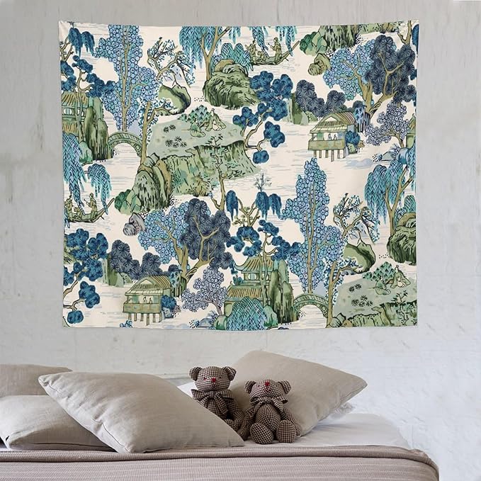Chinoiserie Tapestry,Asian Watercolor Abstract Art Tapestry,Asian Japanese Wall Tapestry, Nature Landscape Tapestries for Bedroom Living Room Decor 60"x50"-Ruum Studio Home