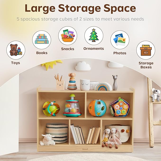 Toy Storage Organizer for Kids Room, Wooden Kids Bookshelf for Classroom, Cube Storage Organizer for Playroom, 5-Section Montessori Bookshelf & Toy Shelf for Nursery-Ruum Studio Home