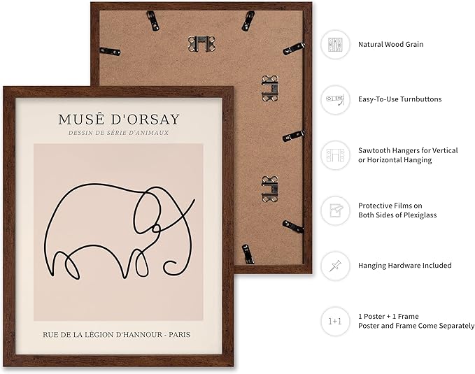 Poster Master Vintage Poster - Retro One Line Elephant Drawing Print - Elephant Art - Minimal Gift for Men, Women, Animal Lover - Abstract Wall Decor for Home, Office, 11x14 Brown Framed-Ruum Studio Home