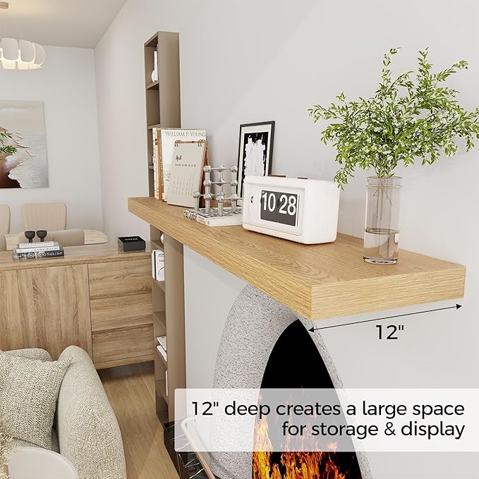 Fun Memories 55 Inch Floating Shelves, 12 Inch Deep Floating Shelf for Wall, 55 x 12 Large Floating Shelves for Fireplace Mantel, 2 Inch Thick Wall Shelf for Living Room, Bedroom, Oak Color, 1 Pack-Ruum Studio Home