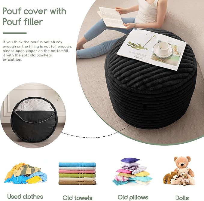 HIGOGOGO Round Stuffed Pouf Ottoman, Stripe Faux Fur Poufs with Foam Chunk Filling, Furry and Fluffy Pouf Foot Stool Storage Ottoman, 26 X 18 Floor Poufs Foot Rest for Living Room, Black-Ruum Studio Home