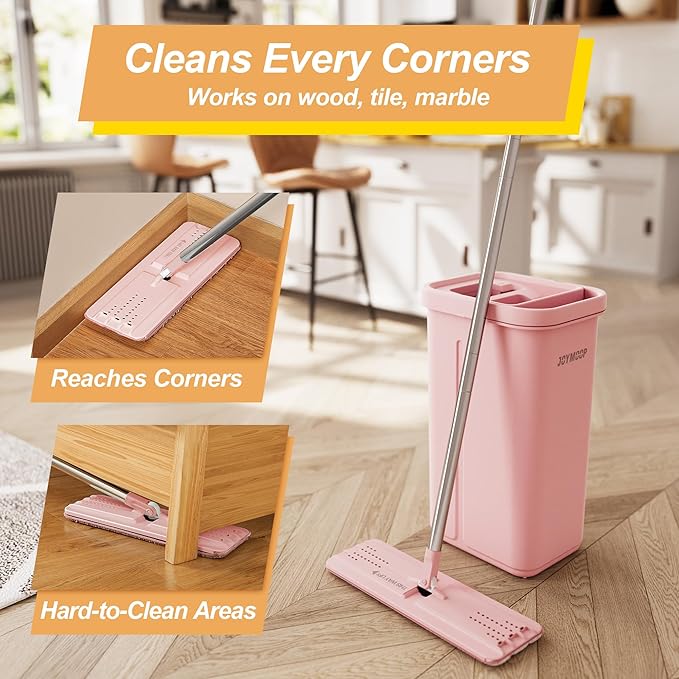 JOYMOOP Pink Mop and Bucket with Wringer Set for Home, with 3 Reusable Microfiber Mop Pads, Hands-Free Self-Cleaning System, Suitable for Floor Cleaning and Wall Cleaner-Ruum Studio Home