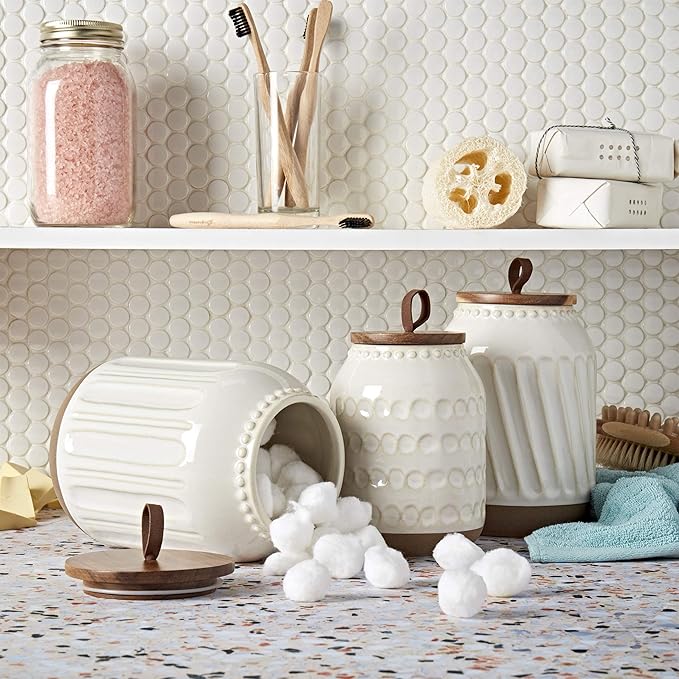 TTU Tabletops Gallery Ceramic Canister Collection- Stoneware Designed Kitchen Storage Embossed Acacia Wood White Set, 3 Piece Embossed Ziggy White Canister Set-Ruum Studio Home