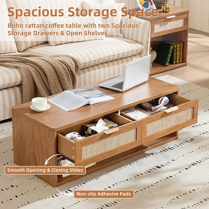 LEYAOYAO Boho Rattan Coffee Table and End Table Sets, 48" Wide Center Tables & 23" Night Stand with Charging Station Chest of Drawers, Brown Wood Coffee Table for Living Room 2 Piece Set-Ruum Studio Home