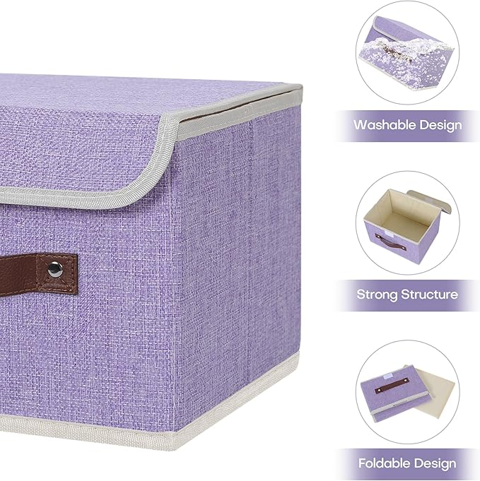 ANMINY Storage Bin with Lid Storage Boxes with PU Leather Handles PP Plastic Board Decorative Foldable Lidded Cotton Linen Fabric Home Cubes Baskets Closet Organizer Container - Purple, Small Size-Ruum Studio Home