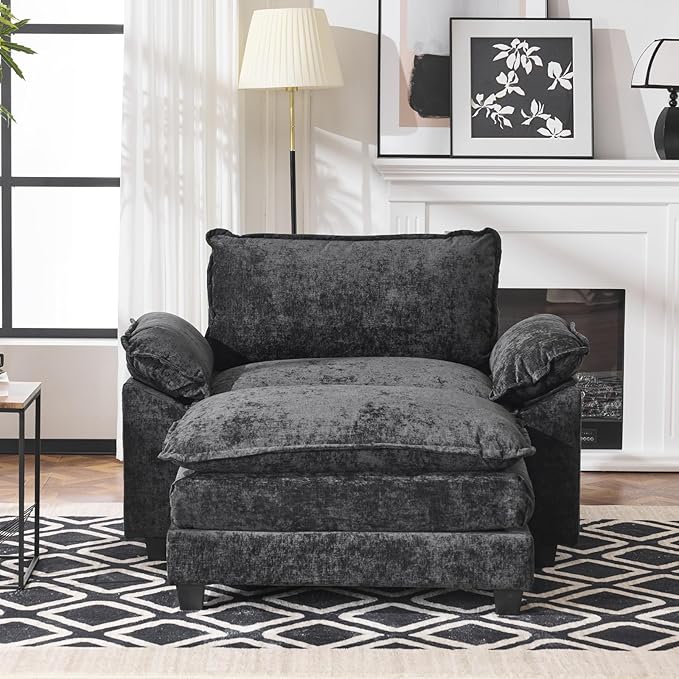 Karl home Oversized Accent Chair Chenille Sofa with Chaise, Modern Sofa Chair with Removable Ottoman Modular 1-Seater Couch and 2-Layer Ottoman for Living Room, Apartment, Studio, Black-Ruum Studio Home